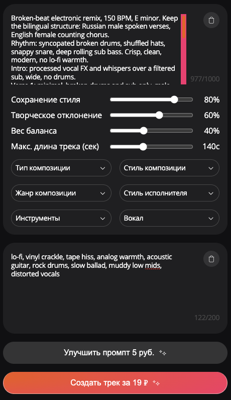 Настройки создания ремикса трека в VeoSuno