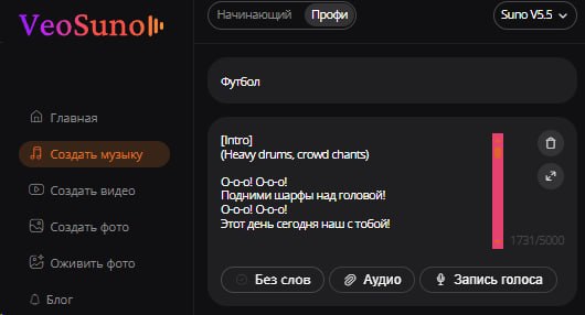 Ввод текста песни для генерации трека из демозаписи
